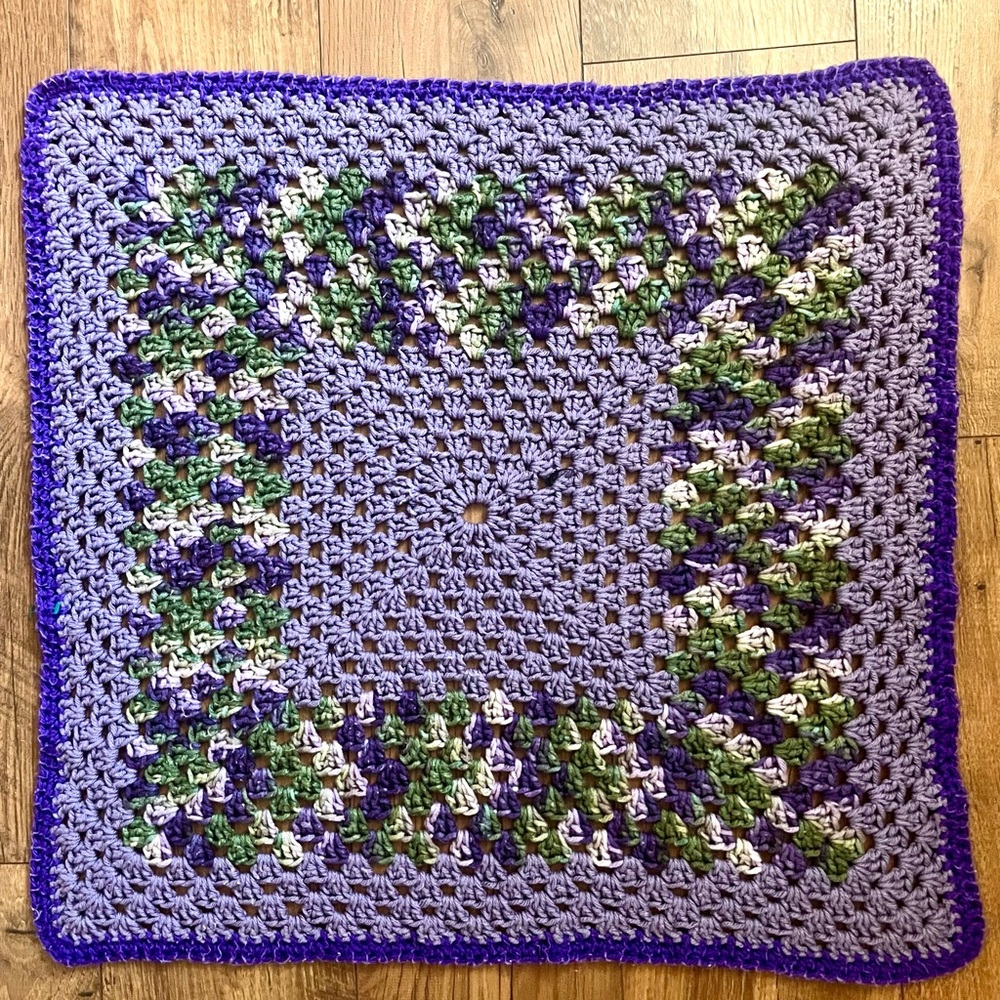 Vintage Handmade Crochet Granny Square Throw Afghan Purple Green 27.5” x 27.5”